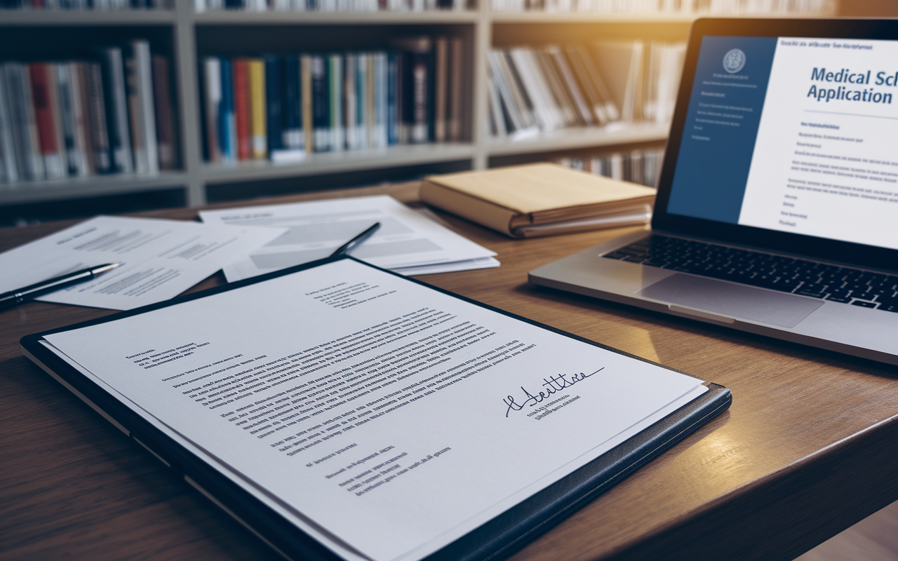 A close-up shot of an open letter of recommendation on a wooden desk, featuring elegant handwriting and an official letterhead. Next to it, a laptop displays a medical school application interface, with relevant documents scattered about including a CV and personal statement. The background features a soft-focus library setting, with shelves stacked with medical books, conveying the significance of strong endorsements in the medical field. The lighting is warm and intimate, creating a sense of importance around the letter.