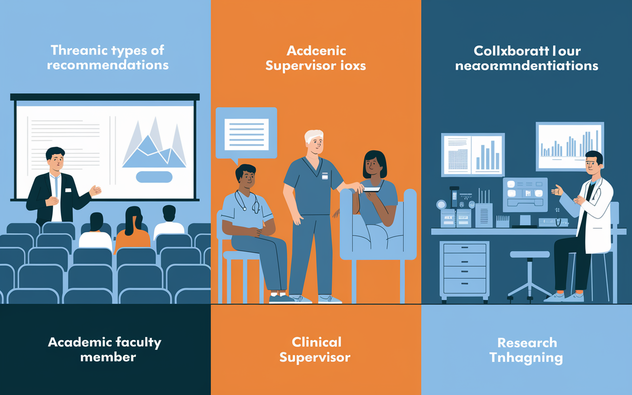 An infographic illustrating the three types of recommendations in medicine. On one side, a stylized representation of an academic faculty member in a lecture hall setting; in the center, a clinical supervisor in scrubs examining a patient; and on the right, a research supervisor in a lab with equipment and charts. The background is dynamically split into academic, clinical, and research themes, enhancing visual differentiation. The colors are vibrant and engaging, drawing attention to the collaborative essence of mentorship in diverse environments.