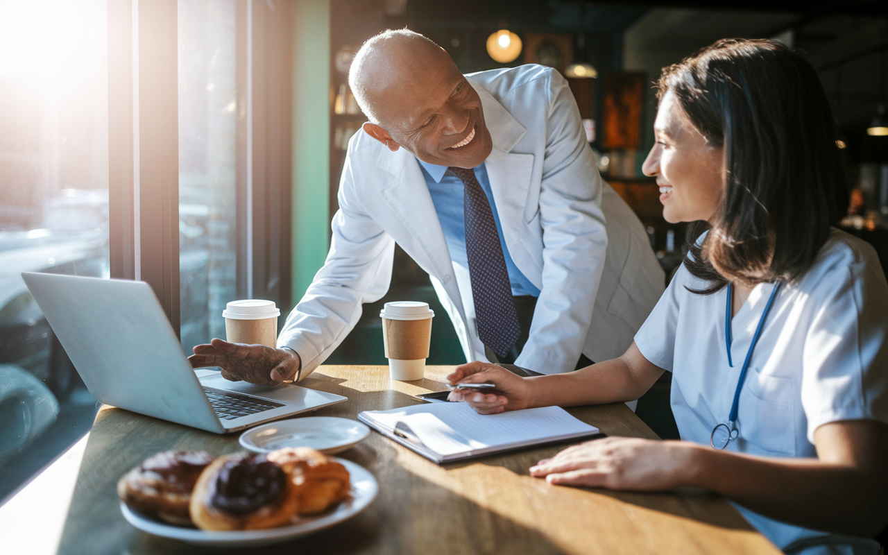 A lively scene of a medical student and mentor in a cozy cafe, discussing career goals with open laptops and notebooks on the table. The mentor, a mid-aged experienced doctor, is leaning forward with an encouraging smile, while the student looks engaged, taking notes with focus. Sunlight filters through the window, casting warm light over the scene, indicating a nurturing relationship. Various coffee cups and a plate of pastries are seen, enhancing the casual yet impactful conversation atmosphere.