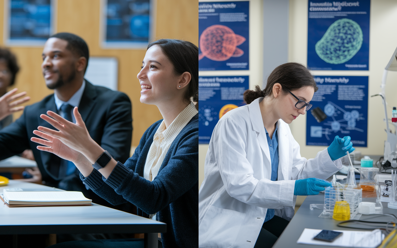 A split image showing two scenes in a university environment. On the left, Sarah is in a lecture, actively engaging with the professor who is giving a passionate talk. On the right, she is in a research lab, working closely with her mentor on a complex experiment with equipment and notes scattered around. The scenes are vibrant and dynamic, showcasing her growth through mentorship. The background is filled with posters of innovative medical research, highlighting the excitement of learning and exploration.