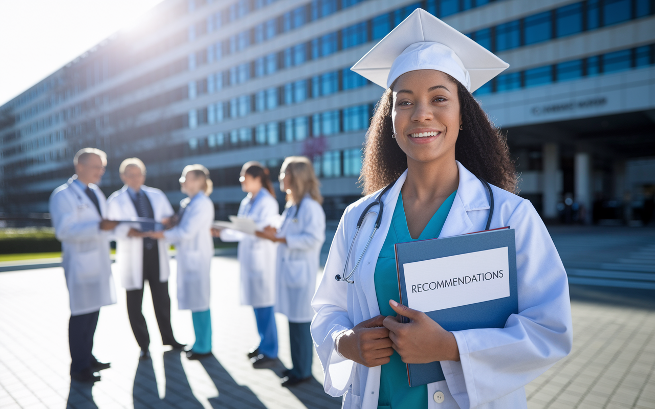 A confident young physician, newly graduated, stands before a large hospital building during a sunny day, clutching a folder labeled 'Recommendations'. In the background, colleagues greet her warmly, fostering a scene of professional camaraderie. The sunlight highlights the bustling environment of the medical community, symbolizing new opportunities ahead. The physician's expression is one of optimism and determination, embodying the success attributed to strong mentorship.