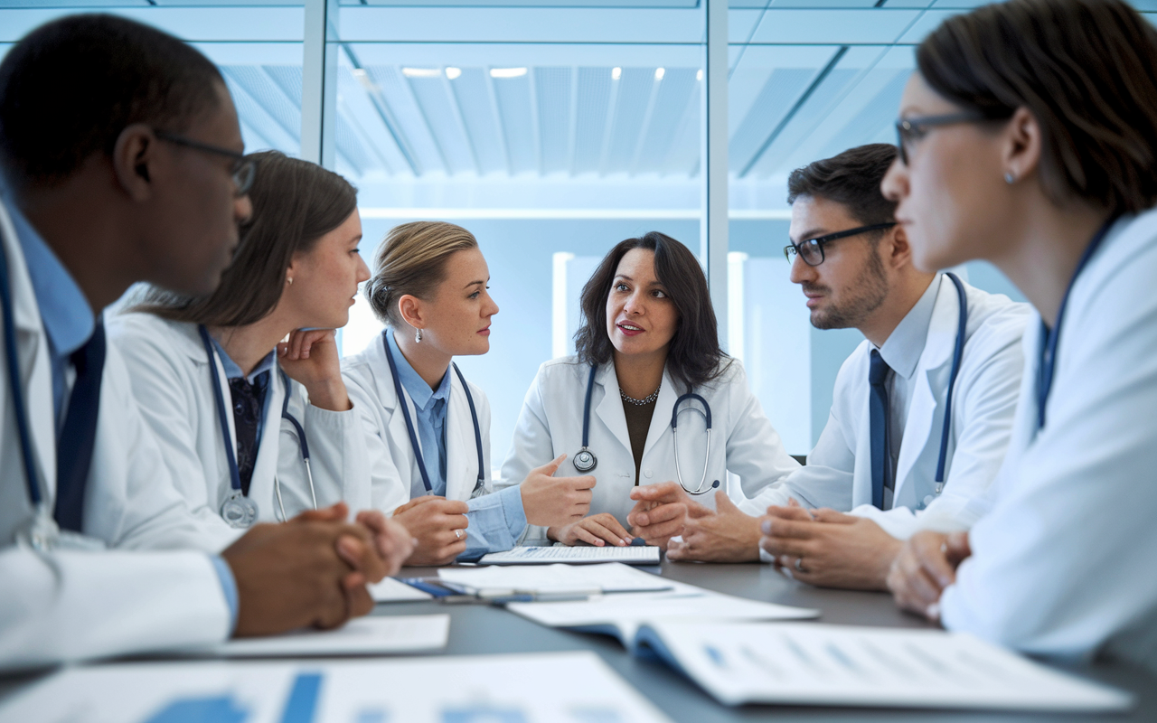 A close-up view of a diverse group of medical students engaged in a discussion with their mentor in a modern conference room. The mentor is a middle-aged woman providing insights while the students listen attentively, surrounded by charts and medical texts on the table. The lighting is bright and professional; their expressions show curiosity and determination as they contemplate their future paths in medicine.