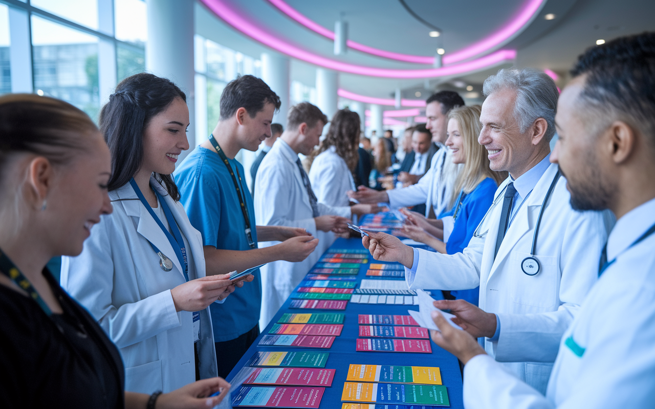 A vibrant scene of a professional conference with medical students engaging with established physicians and mentors. The booth displays colorful pamphlets, and students are enthusiastically exchanging knowledge and business cards. The setting is bustling with energy, and the atmosphere is filled with opportunities and growth, with modern decor and soft lighting enhancing the experience of networking.