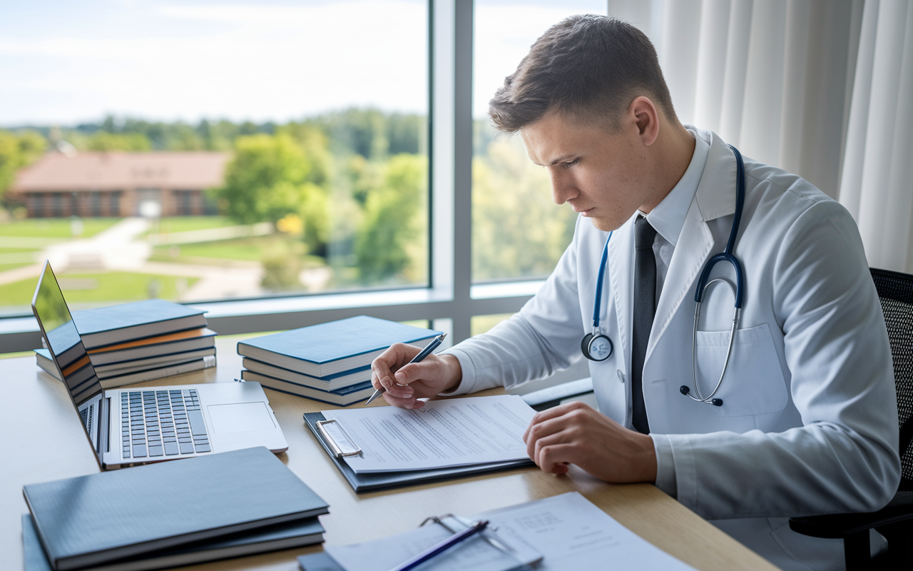 A focused scene of a young medical student sitting at a desk, preparing materials to share with potential mentors. The desk is cluttered with a laptop, medical books, and a CV, showing his dedication and seriousness about his future. The lighting is bright and inspiring, with the window revealing a beautiful view of the campus, symbolizing hope and possible futures.