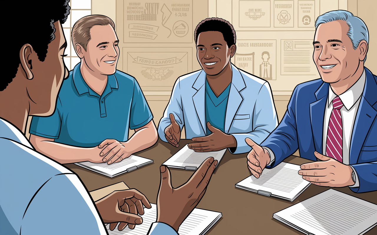 An illustration of a young medical student sitting across a table from a former coach and a professor, discussing their recommendations. The setting is casual and inviting, filled with light, emphasizing a sense of camaraderie and support. Close-ups of their hands gesturing reflect enthusiasm, while the background contains memorabilia highlighting their various backgrounds.