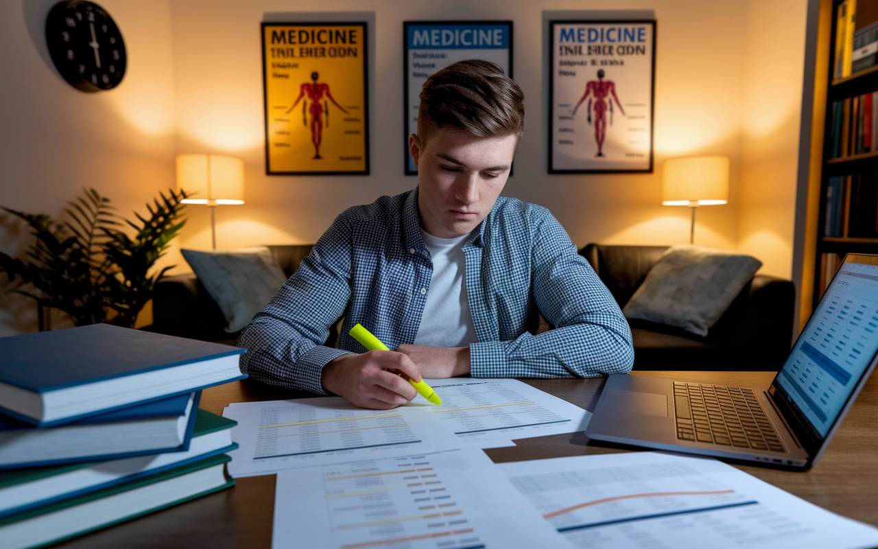 A focused student seated at a desk cluttered with college textbooks and printed transcripts, reviewing academic records with a highlighter in hand. The room is cozy, with warm lighting illuminating motivational posters about medicine on the walls. The student’s expression is one of determination as they underline key grades, surrounded by a laptop displaying academic statistics. A clock on the wall indicates it is late evening, enhancing the study atmosphere.