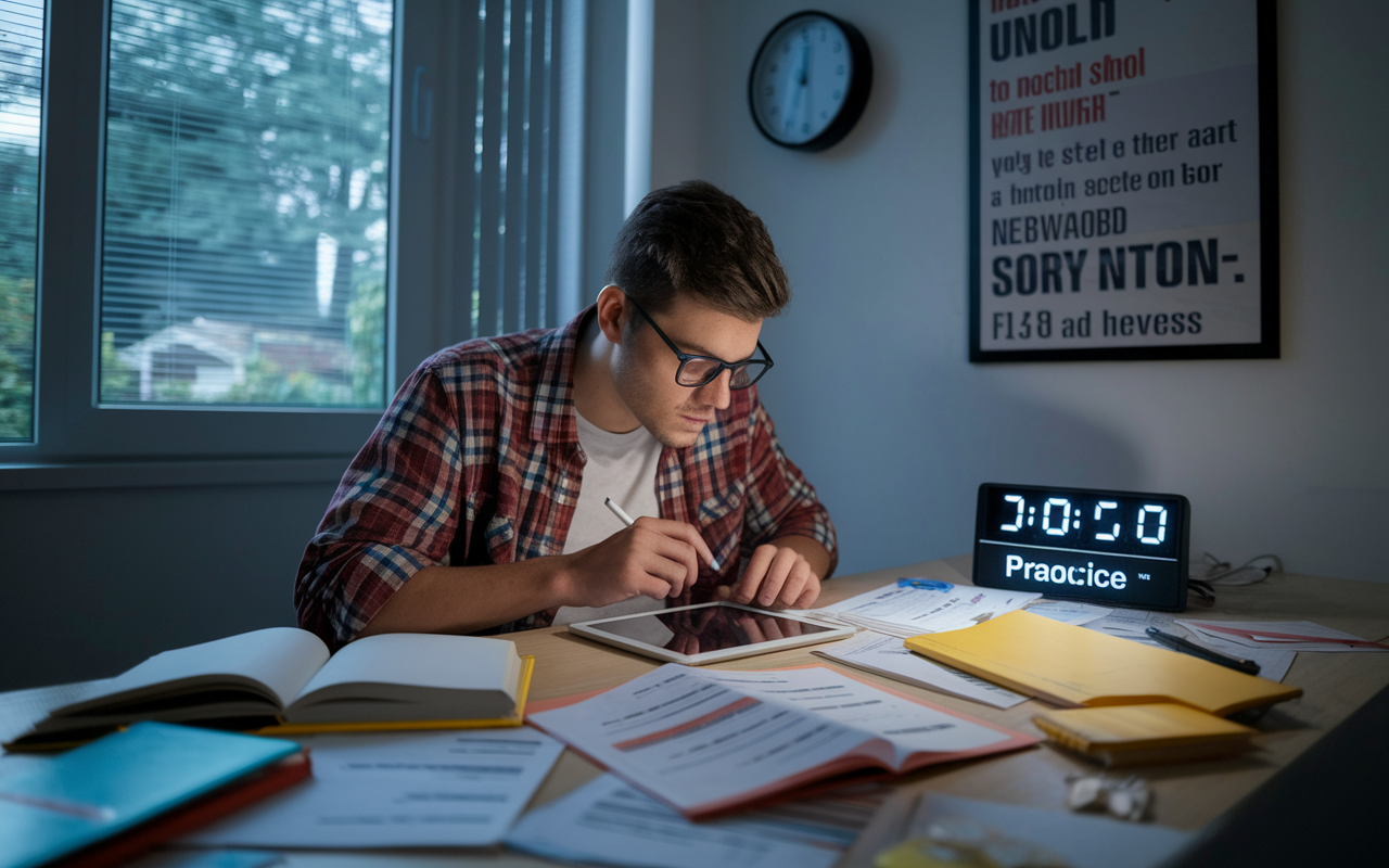 A dedicated student sitting at a cluttered study table, surrounded by MCAT preparation books and notes. The student, with glasses on, is intensely focused, solving practice questions on a tablet while a clock shows late-night study hours. A motivational poster about success in medical school hangs on the wall as natural light from a nearby window starts to dim, adding urgency to the study atmosphere.