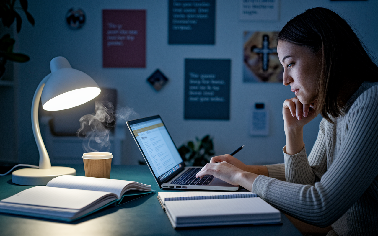 A serene writing space illuminated by soft lamp light, where a student types thoughtfully on a laptop, surrounded by open notebooks filled with personal reflections and notes. The room has a calming atmosphere, decorated with inspiring quotes and images related to medicine on the walls. A coffee cup sits nearby, steaming and inviting, hinting at the student's focused late-night writing session as they passionately create their personal statement.