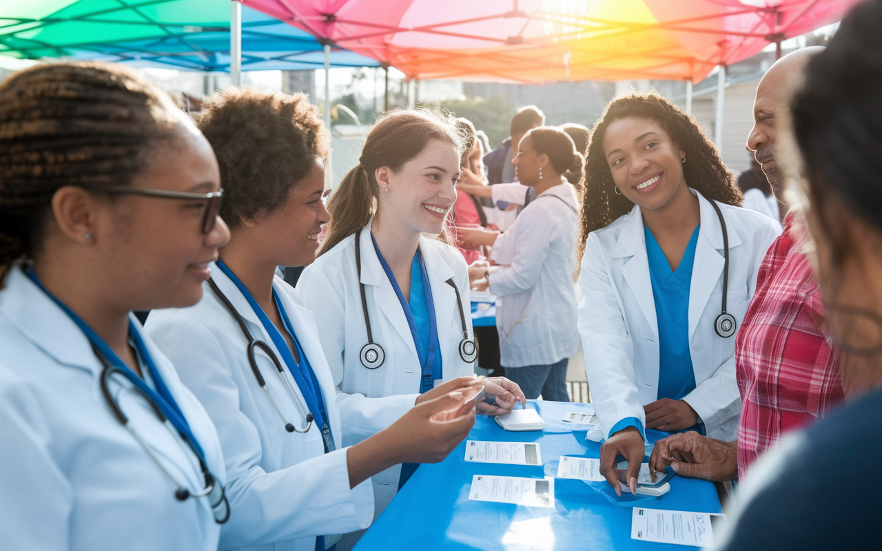 A group of diverse medical students actively volunteering at a community health fair, providing free health screenings to local residents. The atmosphere is vibrant and engaging, with students demonstrating compassion and professionalism. Sunlight filters through colorful banners and tents, creating a festive yet purposeful environment filled with enthusiastic interactions and learning opportunities.