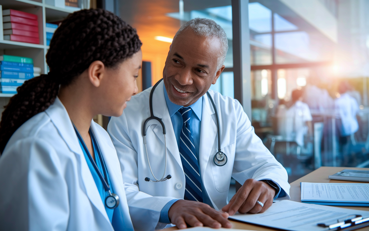 A close-up scene depicting two individuals, a mentor and a mentee, in a modern hospital office. The mentor, a middle-aged physician in a white coat, is engaging the younger mentee, a medical student, who appears eager and attentive. Background details include medical books on a shelf, a desk filled with research papers, and a window showing a bustling hospital environment outside. Warm lighting creates an inspiring atmosphere that reflects encouragement and knowledge sharing.