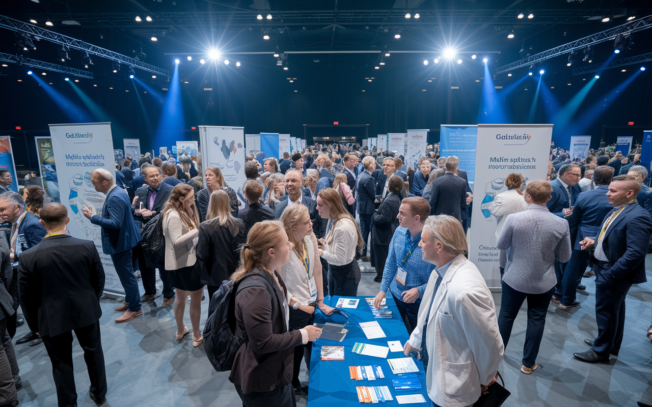 A vibrant scene capturing a large medical networking event with various professionals mingling. Stands displaying medical innovations and pamphlets are set up around the venue, and attendees are engaged in conversations, exchanging ideas. Bright overhead lights illuminate the atmosphere filled with excitement and opportunity. In the foreground, a small group of students is actively conversing with a respected physician, showcasing possibilities for mentorship.