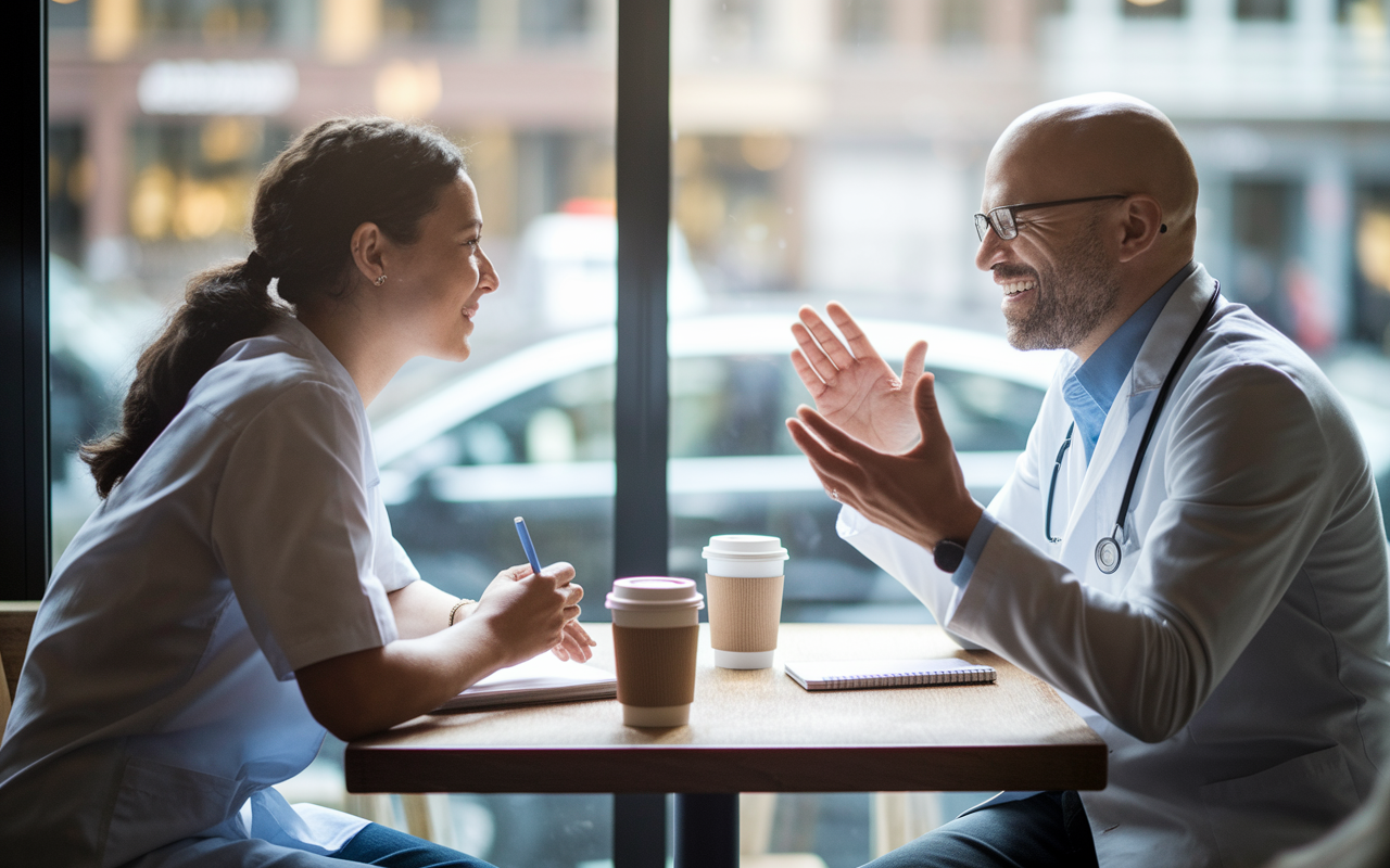 An intimate setting in a coffee shop where a medical student is sitting across from a mentor, engaged in a deep conversation. The mentor, an experienced physician, is animatedly discussing career insights, with coffee cups and notepads in front of them. Soft natural light pours in through the window, creating a warm atmosphere that fosters meaningful dialogue and connection.