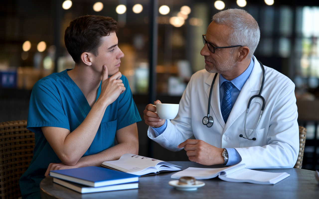 A thoughtful young medical professional, sitting in a cozy coffee shop with a trusted mentor. The mentor, an older experienced physician, is sharing advice while holding a cup of coffee. The scene emphasizes deep conversation and respect, with books and medical journals scattered on the table, symbolizing the educational importance of guidance in career development.