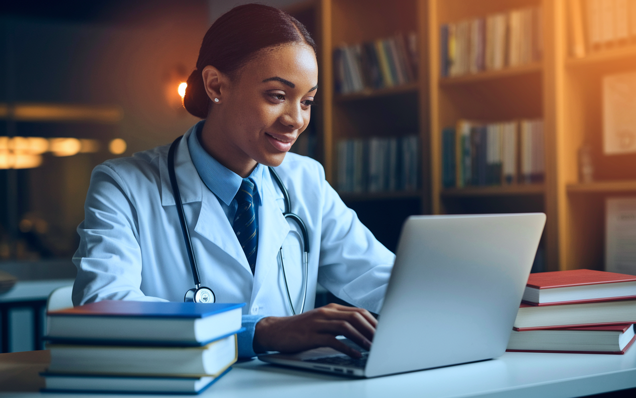 An encouraging scene of a medical student politely following up with their mentor via email on their laptop. The student, with an air of professionalism and respect, is sitting at a tidy desk, surrounded by textbooks. The ambient lighting is warm, reflecting the positive dynamics of their mentor-mentee relationship.