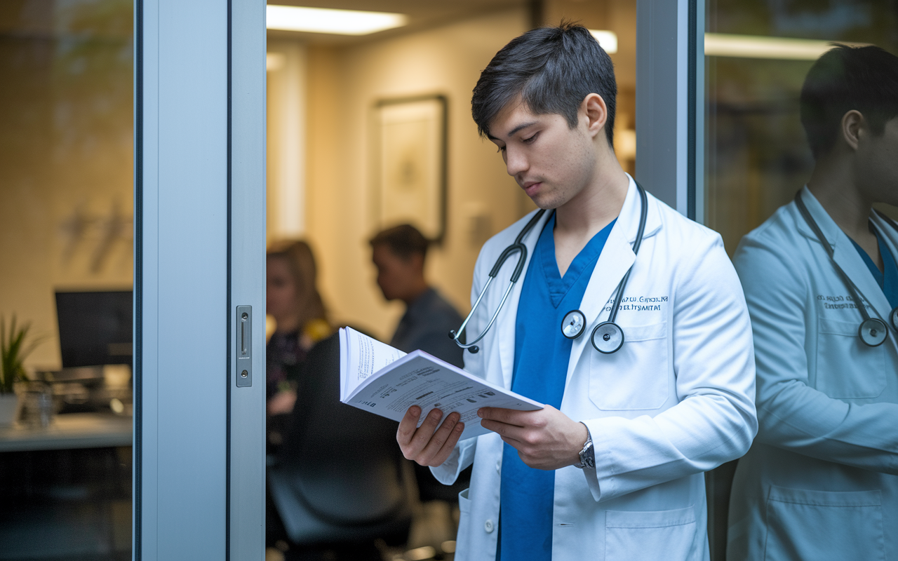 A young medical student waiting patiently outside their mentor's office, reading medical literature. The scene conveys an air of calmness and respect for their mentor's busy schedule, with a softly lit office door in the background, hinting at the ongoing busy work of the mentor within.