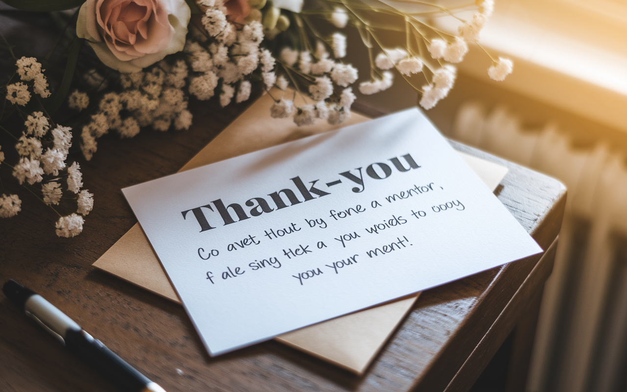 A close-up of a handwritten thank-you note lying on a wooden desk, surrounded by a delicate bouquet of flowers. The note is elegantly designed with thoughtful words expressing gratitude to a mentor. The warm light emanating from a nearby window adds a cozy, sincere atmosphere, emphasizing the importance of appreciation in professional relationships.