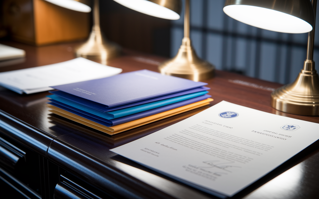 A close-up view of a stack of recommendation letters on a polished wooden desk, featuring different colored envelopes. Some letters are partially opened, revealing handwritten notes and signatures alongside official letterhead with medical school logos. The scene is softly illuminated by warm desk lamps, providing an inviting atmosphere that conveys trust and professionalism.