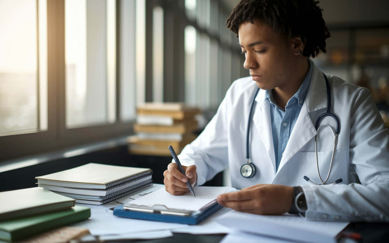 A young aspiring medical student, seated at a desk cluttered with notebooks and textbooks, is reviewing notes, preparing questions for an upcoming meeting with a mentor. The atmosphere is studious, with afternoon light streaming through a window, illuminating the papers. Focus and determination are evident on the student's face, reflecting a sense of purpose.