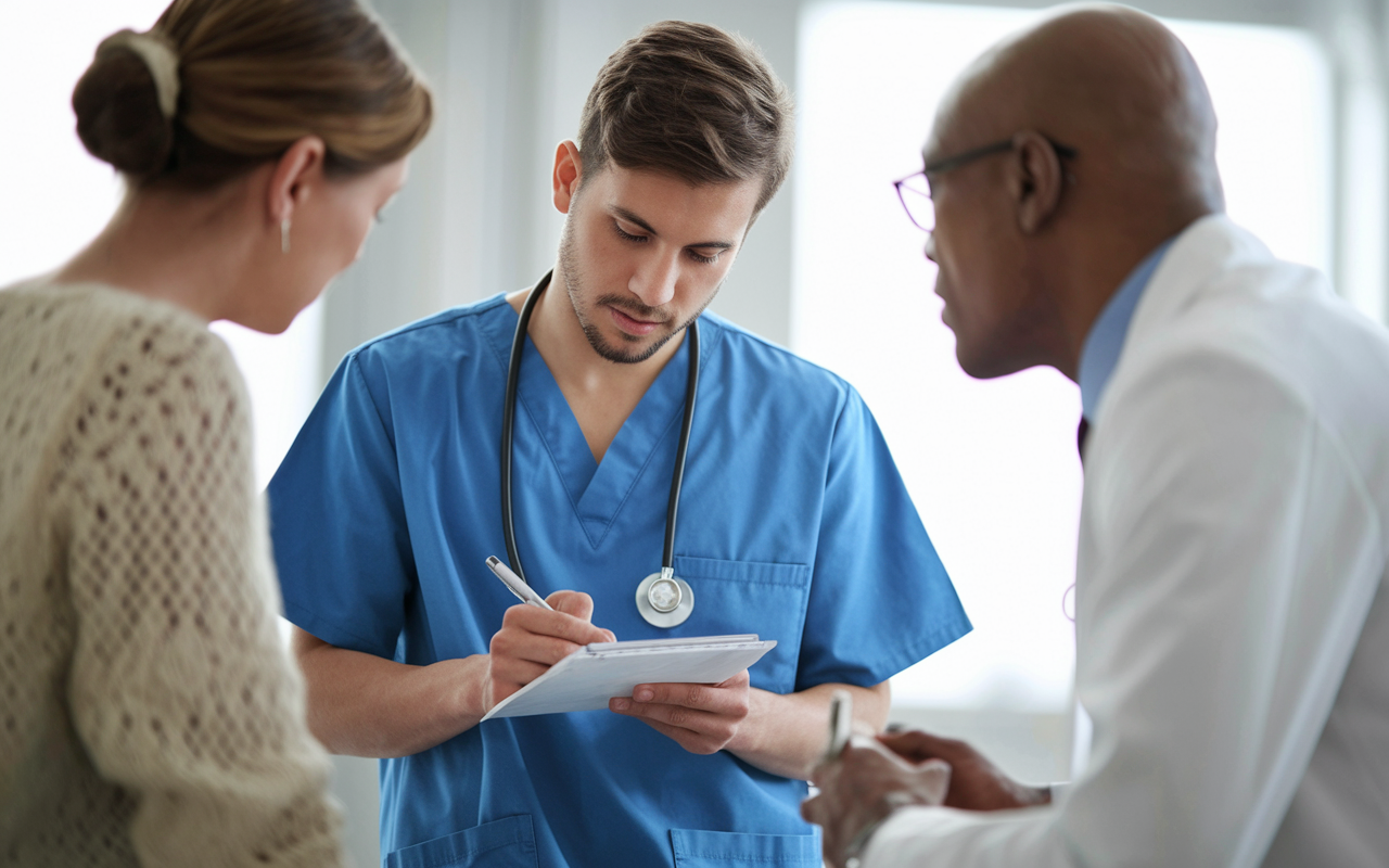 A young medical student in scrubs observing a senior doctor as they consult with a patient in a bright, modern clinic. The student takes notes eagerly, showcasing the commitment to learning. The scene is vibrant, with natural light flowing in, conveying a sense of active participation and growth in a clinical environment.