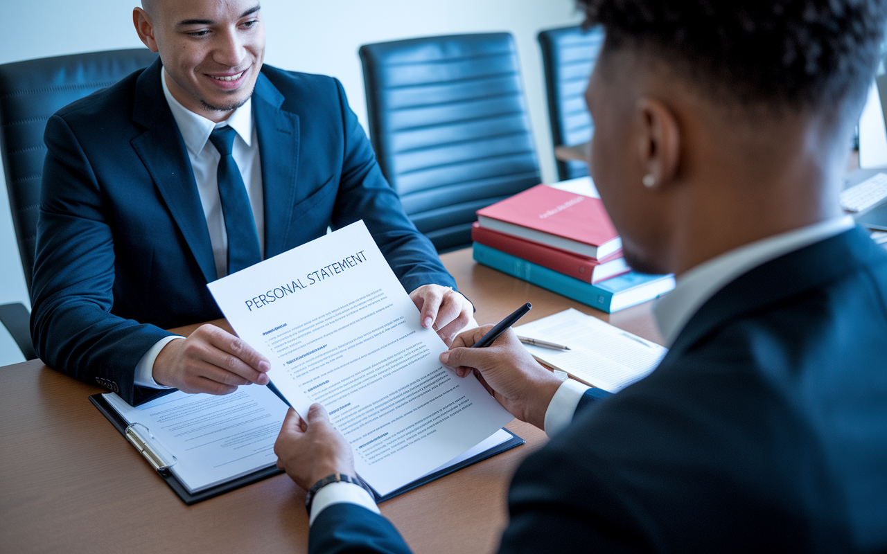 A young medical candidate sitting across from their mentor at a conference table, sharing a printed resume and a draft personal statement. The setting is formal yet welcoming, with medical books and a computer on the table. The mentor is attentively reading the documents, showcasing a collaborative atmosphere filled with mutual respect and trust.