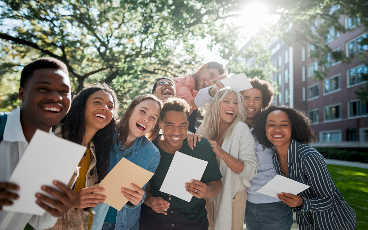 A joyful group of diverse students celebrating their acceptance into medical school, outdoors in a university setting. They are holding acceptance letters, smiling and exchanging hugs. The atmosphere is filled with excitement, laughter, and a sense of accomplishment, with the sun shining brightly overhead, casting a glow on their happy faces.