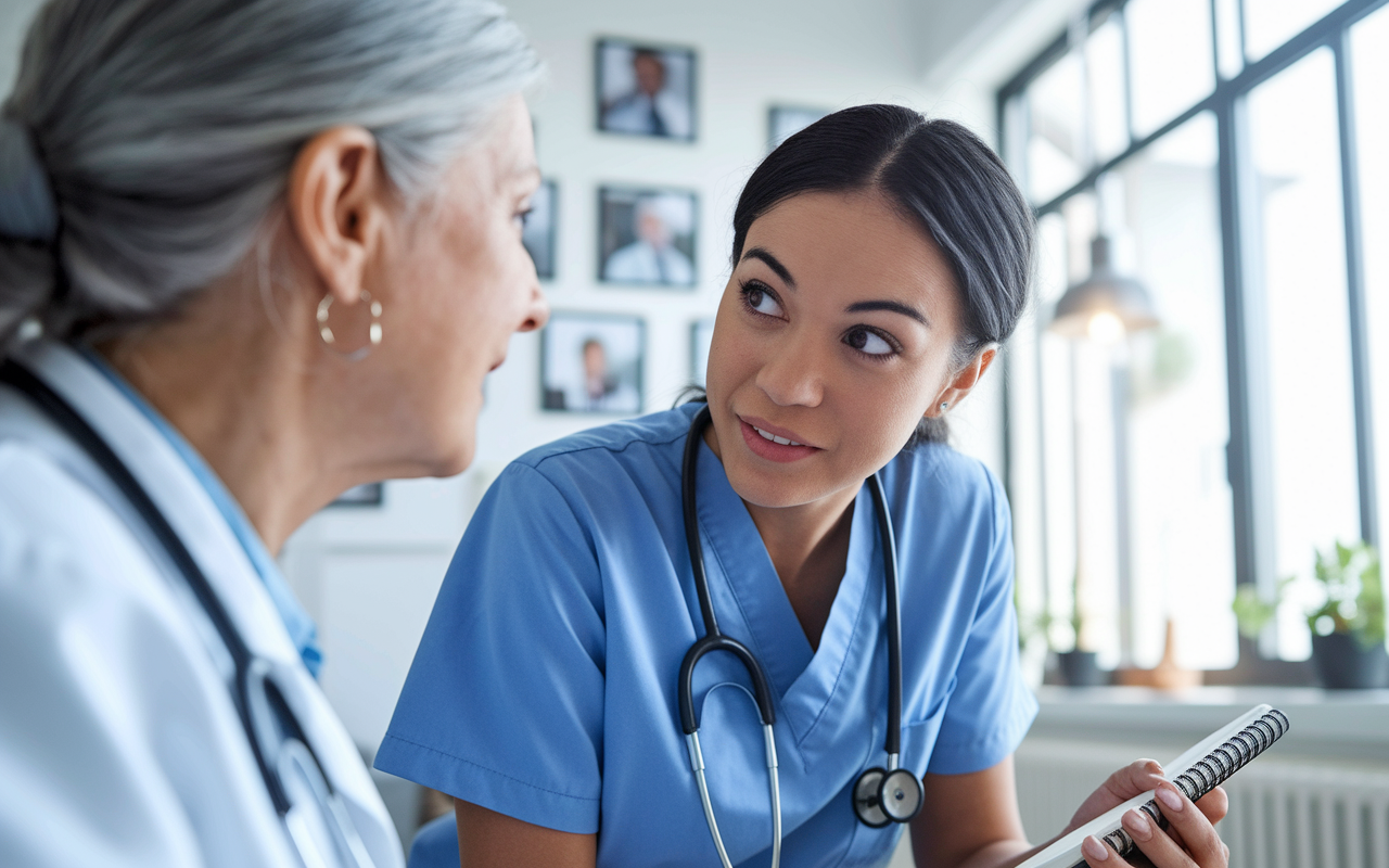 A close-up of a young female medical student expressing curiosity during a mentorship meeting in a bright, modern office. She is leaning slightly forward, with a notebook in hand, intrigued by the insights given by an older mentor, an experienced female physician with silver hair. The office has large windows allowing natural light, with medical certificates and photos on the walls, creating an inspiring environment that fosters open communication and learning.