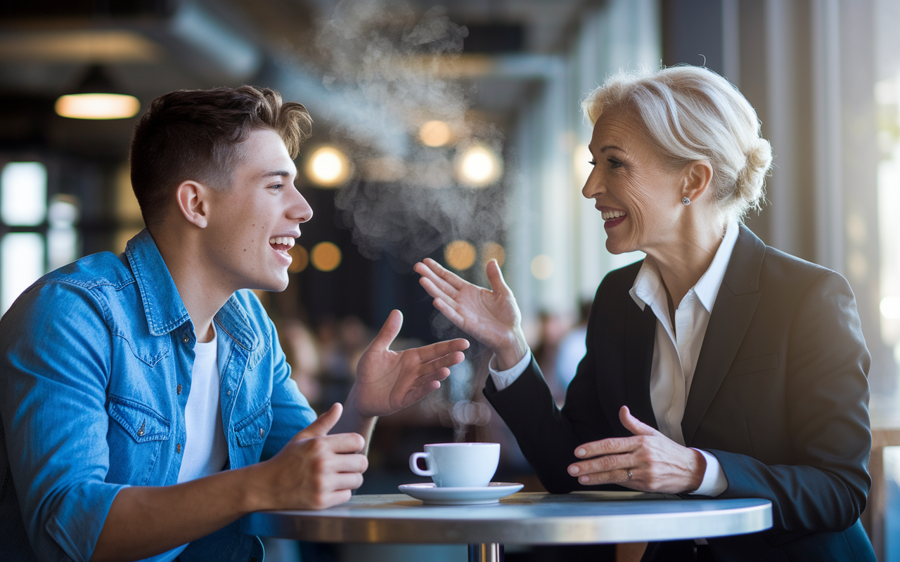 A dynamic image of a young male student in a casual setting, at a café, animatedly discussing career goals with an older female mentor in professional attire. The scene is lively, with the mentor gesturing expressively while listening. A steaming cup of coffee is on their table, and a bright ambiance with soft lighting enhances the atmosphere of connection and enthusiasm in their conversation.