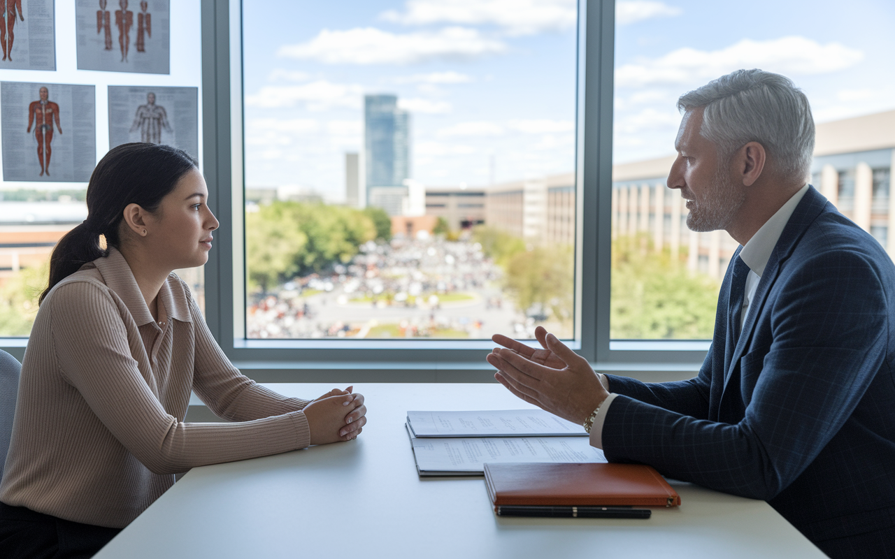 A thoughtful scene of a young female student sitting across from an older male mentor in a bright office, discussing the recommendation letter process. The student looks attentive and confident, while the mentor offers insightful advice. The office is decorated with medical charts and a large window with a view of a bustling university campus, symbolizing growth and opportunity.