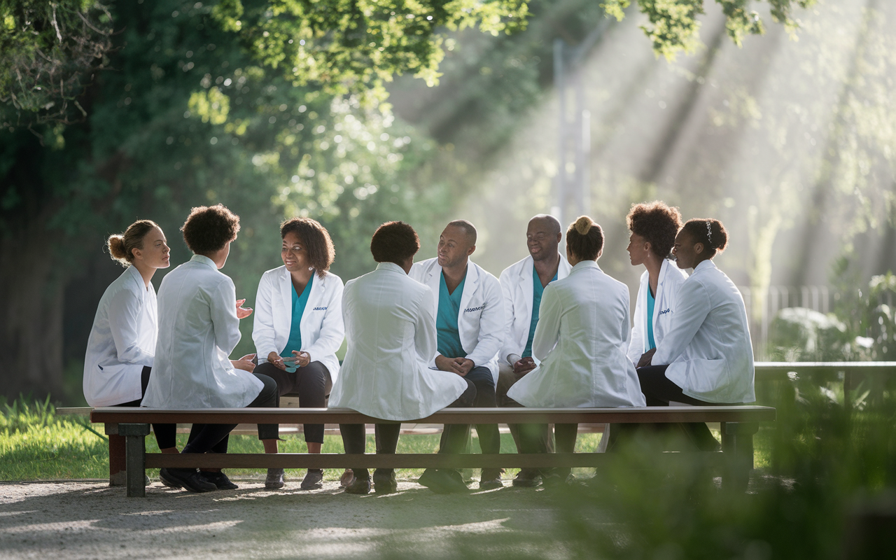 A reflective scene showcasing a diverse group of medical students, gathered in a serene outdoor setting, discussing their experiences with mentorship. They sit on benches surrounded by greenery, with a sense of camaraderie and purpose. Sunlight filters through the trees, creating a warm, inviting atmosphere, symbolizing growth, connection, and the journey in their medical careers.