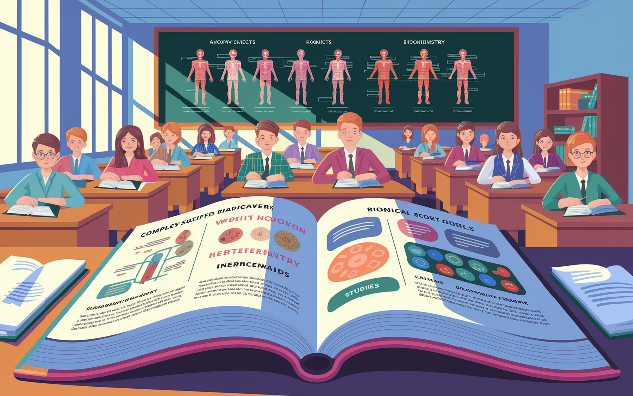 A collage of medical subjects depicted through an open textbook showing complex diagrams and text accompanied by subject-specific visual aids such as anatomy charts, biochemistry models, and clinical case studies. Bright, engaging colors highlight the interrelatedness of these subjects. The background is a classroom filled with eager students, and sunlight flows in, creating an inviting learning atmosphere.