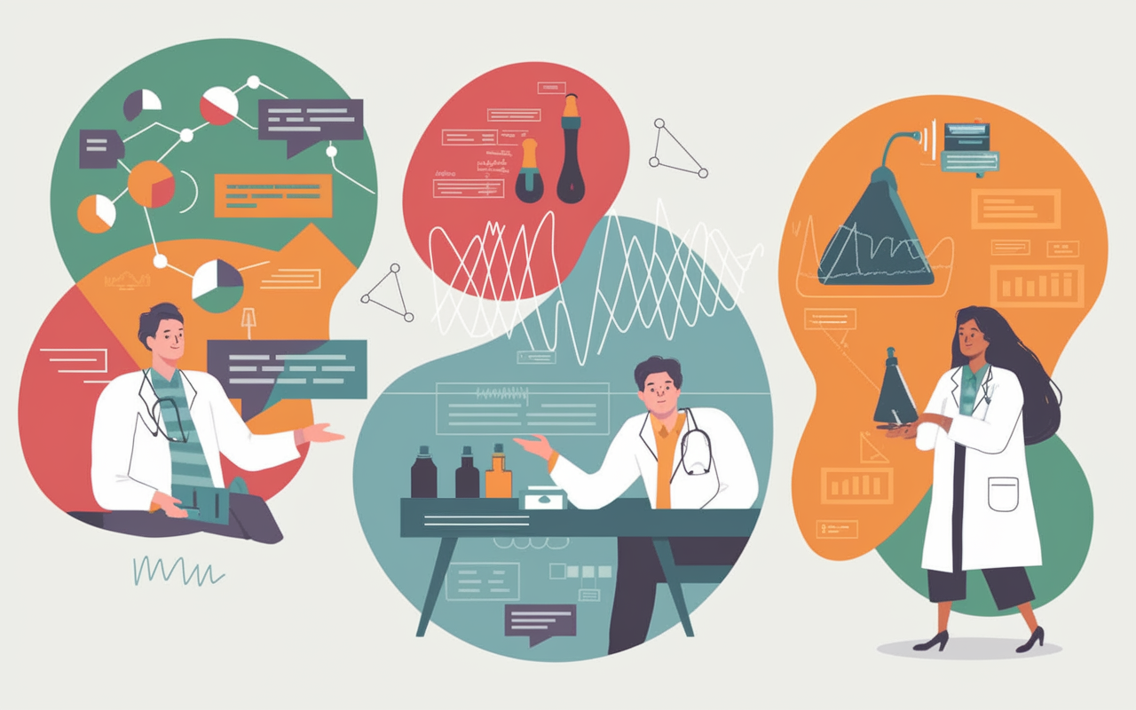 An artistic representation of the three primary learning styles for medical students: a visual learner surrounded by colorful charts and diagrams, an auditory learner listening intently to a lecture with sound waves around them, and a kinesthetic learner engaged in a lab experiment with hands-on tools. A harmonious blend of colors and dynamic movement illustrates the various ways students absorb knowledge.