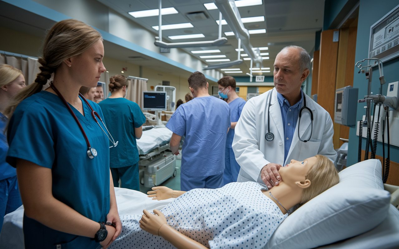 A dynamic scene showing a medical student in scrubs observing a physician at work in a hospital setting, while another student practices a clinical simulation with a patient mannequin. The environment is realistic, bustling with medical professionals and equipment, capturing the hands-on learning experience that bridges theoretical knowledge with practical application.