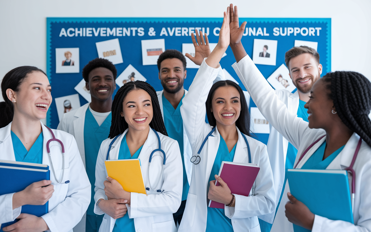 A triumphant moment depicting a diverse group of medical students celebrating their success after exams in a bright, uplifting environment. They hold books and flashcards, exchanging high-fives and smiles. The background features a bulletin board with achievements and inspirational quotes, symbolizing their hard work and communal support.