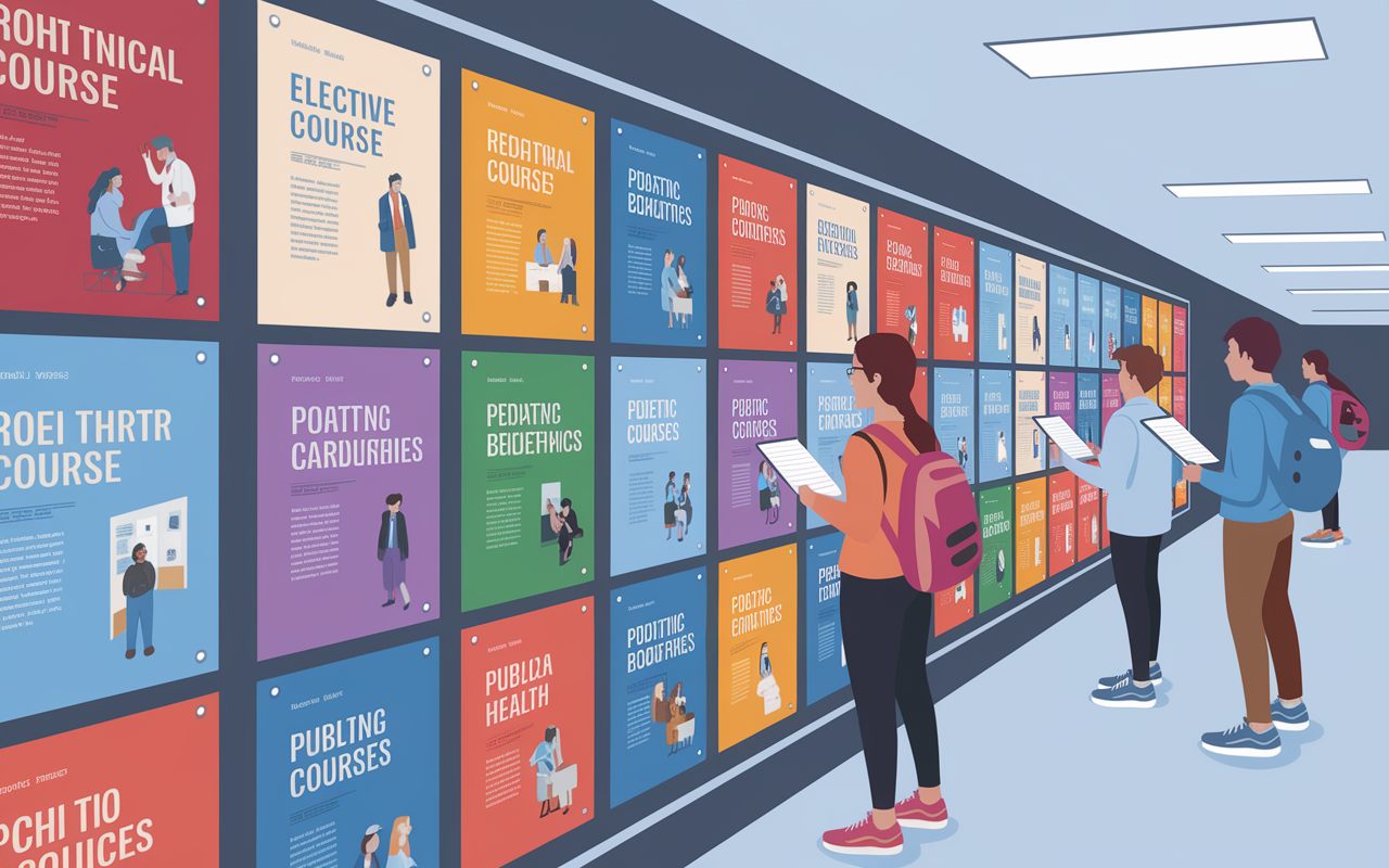 A broad array of elective course flyers pinned on a bulletin board in a medical school hallway. The flyers feature a mixture of clinical and non-clinical courses such as cardiology, pediatrics, bioethics, and public health. Bright colors and engaging graphics illustrate the diversity of subjects. Students are shown reading the flyers, contemplating their choices, with a sense of curiosity and excitement. The hallway is modern and well-lit, adding to the academic atmosphere.