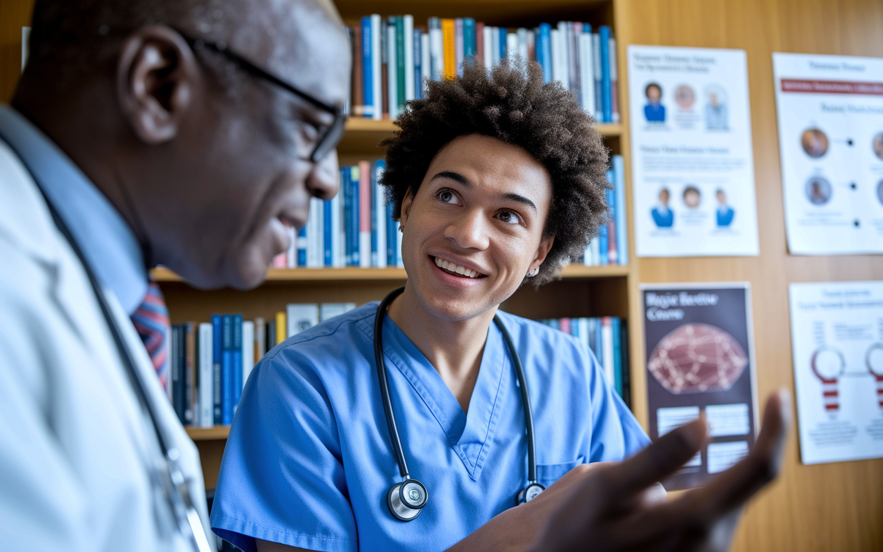 A close-up scene of a medical student engaged in a one-on-one discussion with a faculty member in an office filled with medical books and research posters. The faculty member, an experienced physician, is explaining the importance of a specific elective course to the student, who looks eagerly attentive. The warm lighting creates an inviting and supportive atmosphere, emphasizing the mentorship aspect of medical education.