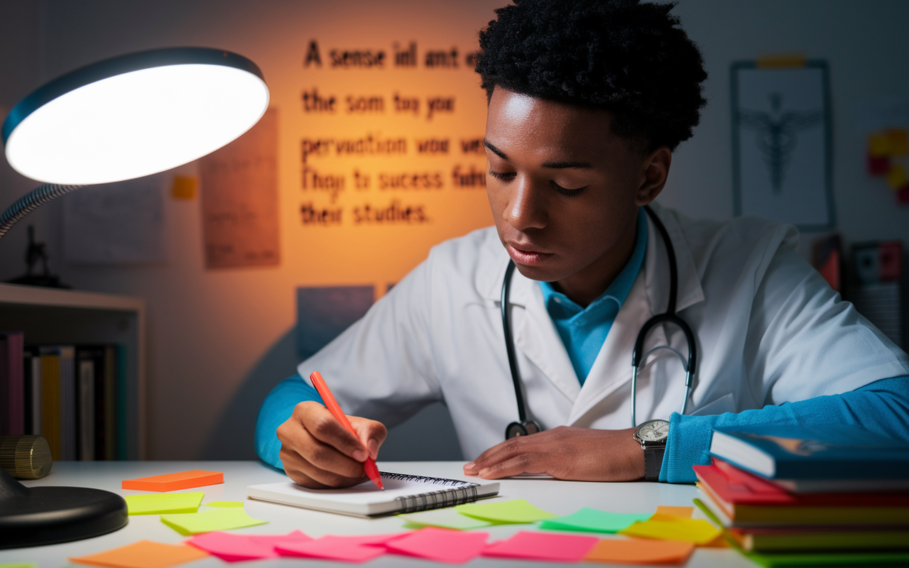 A focused medical student writing down goals on a notepad at a study desk, surrounded by colorful sticky notes and an inspiring quote on the wall. The warm light of a desk lamp casts a soft glow, highlighting the determination on the student’s face. A sense of clarity and purpose pervades the scene as the student visualizes the path to success in their studies.