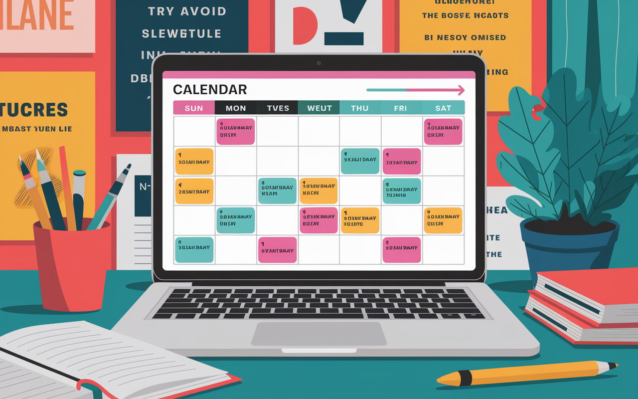 A vibrant digital calendar displayed on a laptop screen, showing a meticulously constructed weekly schedule filled with study sessions, classes, and personal time slots. The background features a cozy study area with motivational posters and a plant, emphasizing organization and planning in a student’s life. Bright colors and a modern aesthetic enhance the effectiveness of the time management strategy.