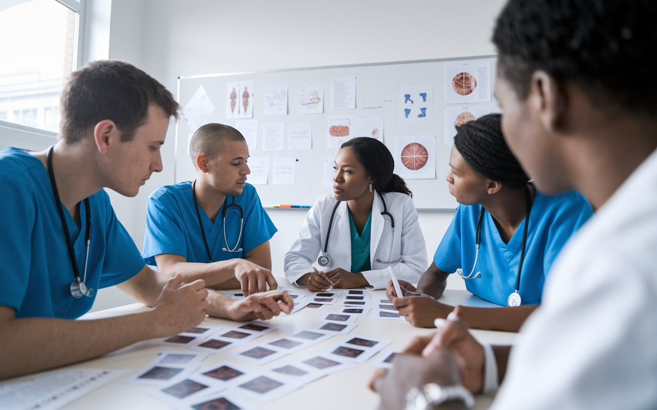 A study group of medical students gathered around a table, deeply engaged in discussion over medical diagrams and flashcards. A whiteboard in the background is filled with diagrams and notes. The room is bright and filled with natural light, creating an energetic and motivating atmosphere that encourages collaboration and dynamic learning.