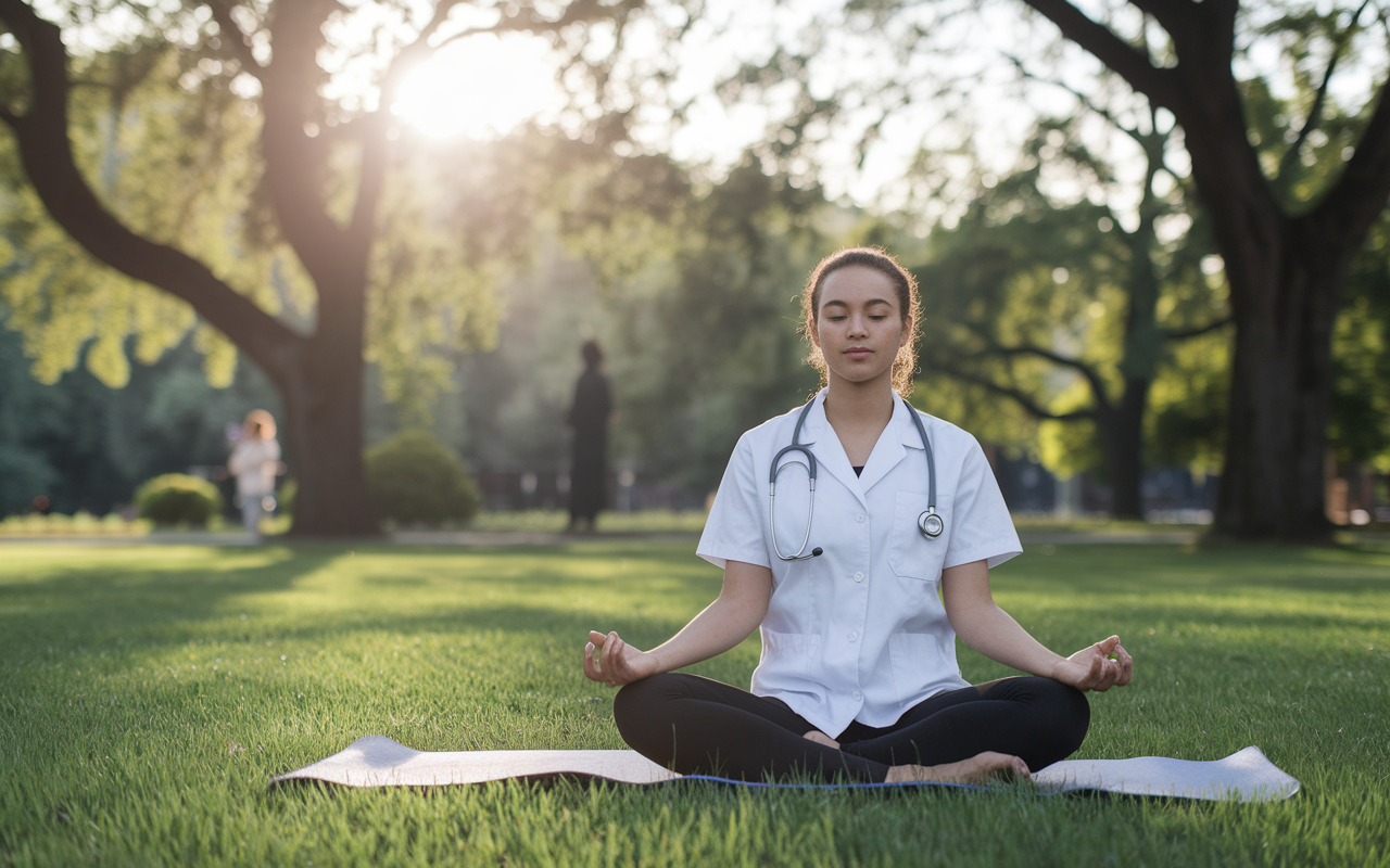 A medical student practicing yoga in a serene park during sunset, surrounded by greenery. The student is in a meditative pose, embodying tranquility and balance after a long day of studies. Soft golden light creates a peaceful atmosphere, highlighting the importance of self-care and emotional well-being in the rigors of medical education.