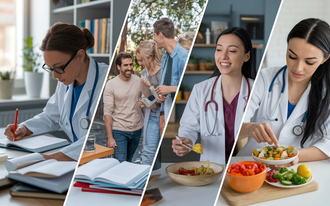 A collage of images showing a medical student participating in various activities: studying intently at a desk with textbooks scattered around, engaging in a fun outing with friends, and cooking a healthy meal. The transitions between images depict the importance of balance and time management in a medical student's life, showcasing both academic diligence and personal fulfillment.