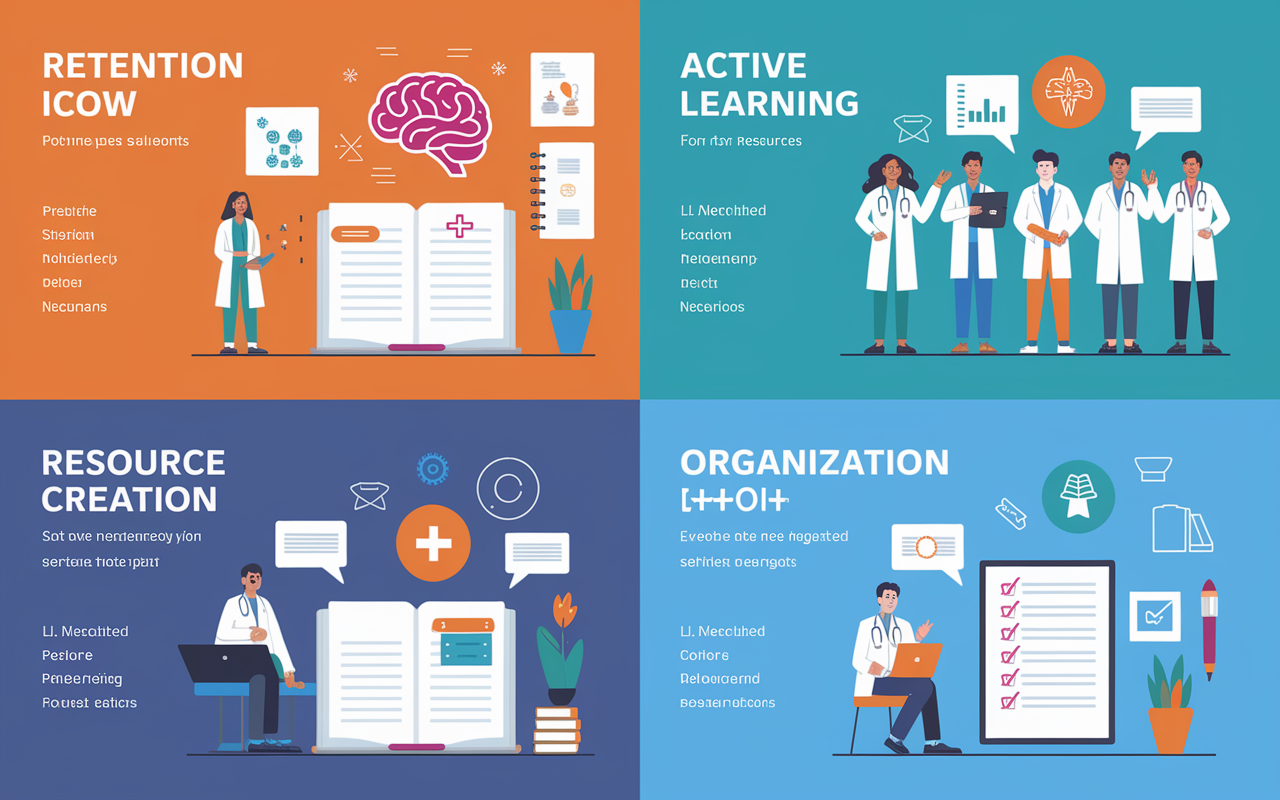 An infographic-style illustration depicting the importance of effective note-taking for medical students. Four quadrants showing themes: Retention, Active Learning, Resource Creation, and Organization, each highlighted with icons like a brain for retention, a group of students for active learning, a book for resources, and a checklist for organization. Vibrant colors and clean layout with visual elements that symbolize each theme.