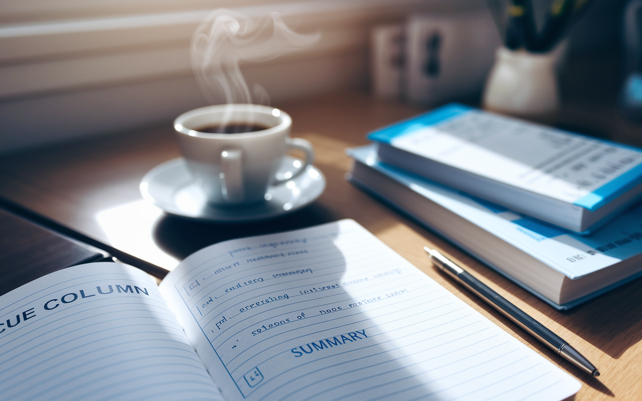 A cozy study room featuring a close-up of a notebook using the Cornell method. The left side labeled 'Cue Column' has neatly written keywords, while the right side shows organized notes, and a summary at the bottom. In the background, a coffee cup emits steam beside more medical texts. Soft sunlight filters through a window, enhancing the atmosphere of study and focus.