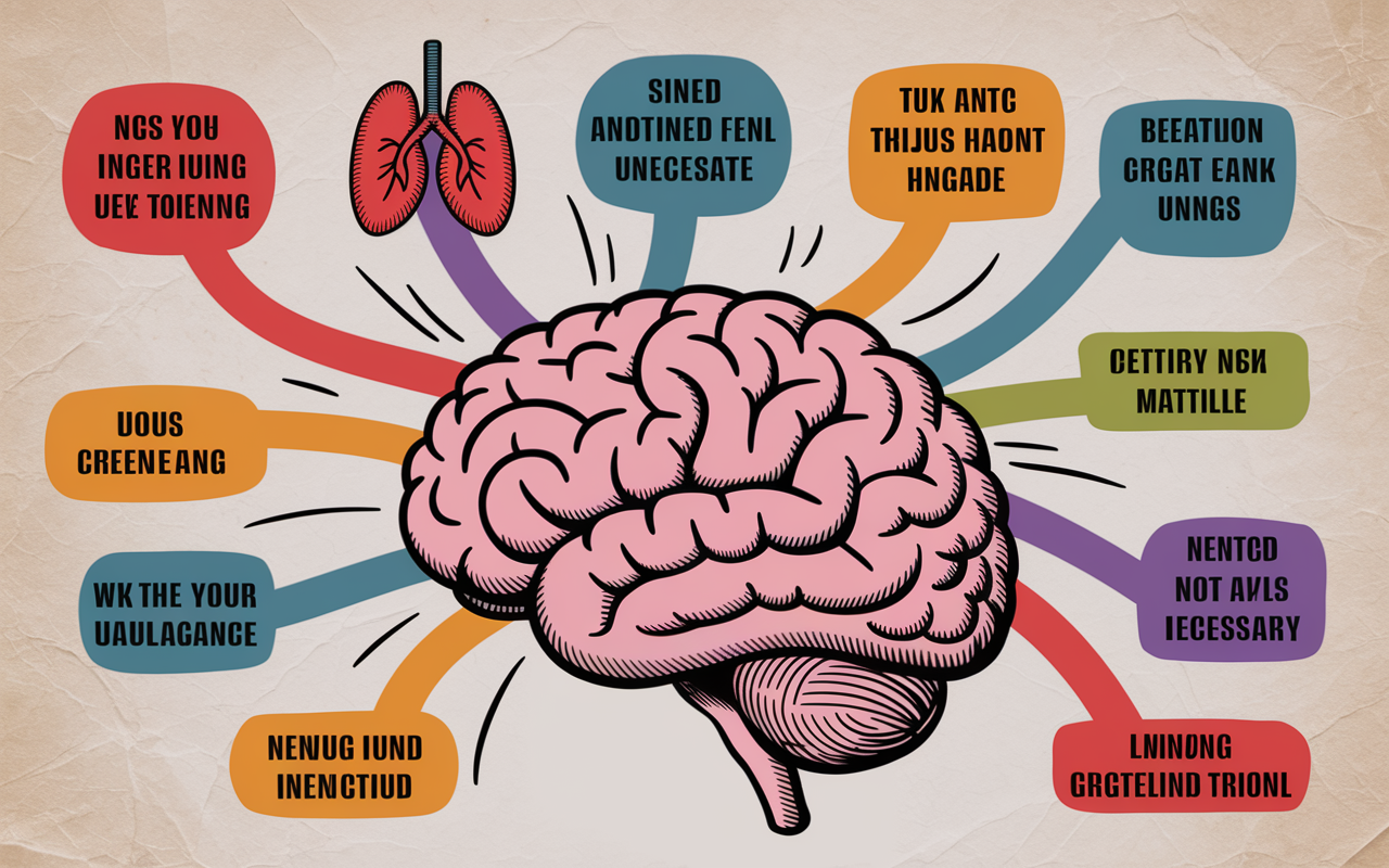 A colorful mind map illustrating an intricate anatomy topic. In the center is a brain with branches extending out to various organs like the heart, lungs, and kidneys. Each branch displays hand-drawn illustrations and vibrant colors to differentiate subtopics. The background is a textured paper surface, enhancing the creative, artistic feel of the visualization.