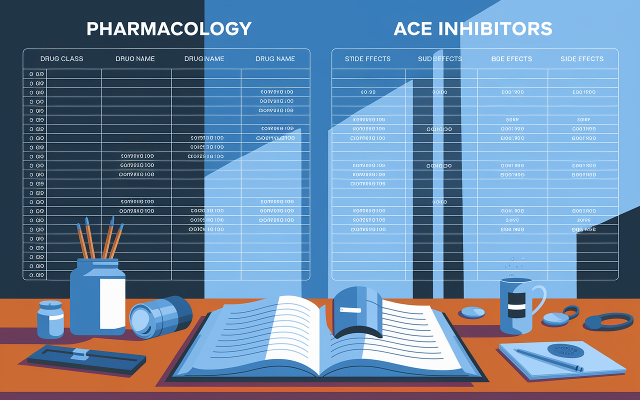 An organized chart displaying pharmacology information. It showcases columns for Drug Class, Drug Name, Mechanism of Action, and Side Effects with visually distinct rows for Beta Blockers and ACE Inhibitors, using clean lines and colors. The background reflects a clinical setting, hinting at a study space filled with medical tools.