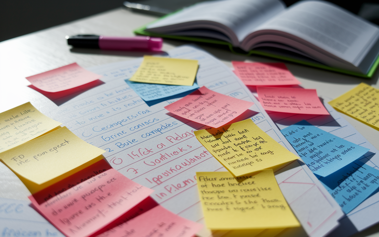 A close-up of a colorful set of annotated study notes spread out on a desk. The notes are filled with vibrant highlights—red for critical concepts, blue for examples. Different sections of the notes are marked with post-it flags, while a highlighter is resting nearby, and a textbook is partially visible in the background. Natural light illuminates the scene, emphasizing the organized chaos of effective studying.