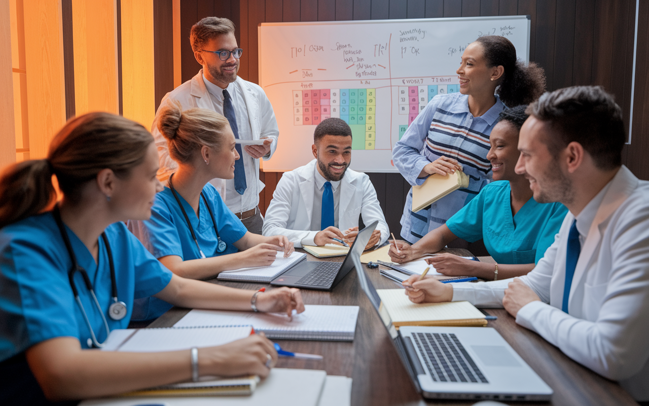 A vibrant scene of a diverse group of medical students in a cozy study room, engaged in a collaborative session. They are gathered around a table filled with open notebooks, laptops, and a whiteboard filled with color-coded diagrams. The atmosphere is dynamic and energetic, emanating a sense of teamwork and shared learning, with warm lighting illuminating their focused expressions.