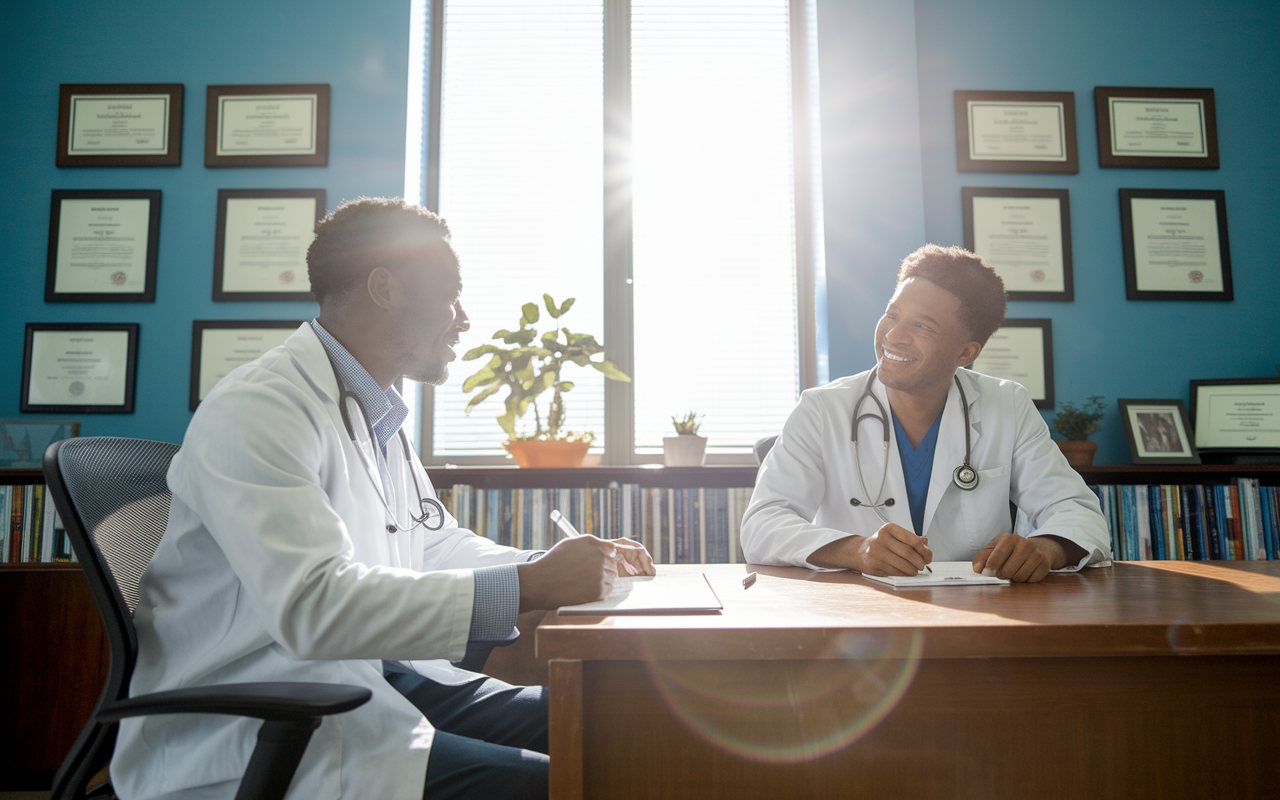 A medical student sitting in a brightly lit faculty office, attentively listening to a kind, experienced professor discussing career tips and research opportunities. The walls are lined with medical books and framed diplomas, casting a scholarly atmosphere. The student is taking notes eagerly, with questions ready to engage further. Sunlight filters through the window, highlighting the engaged discussion, portraying a nurturing mentorship relationship.