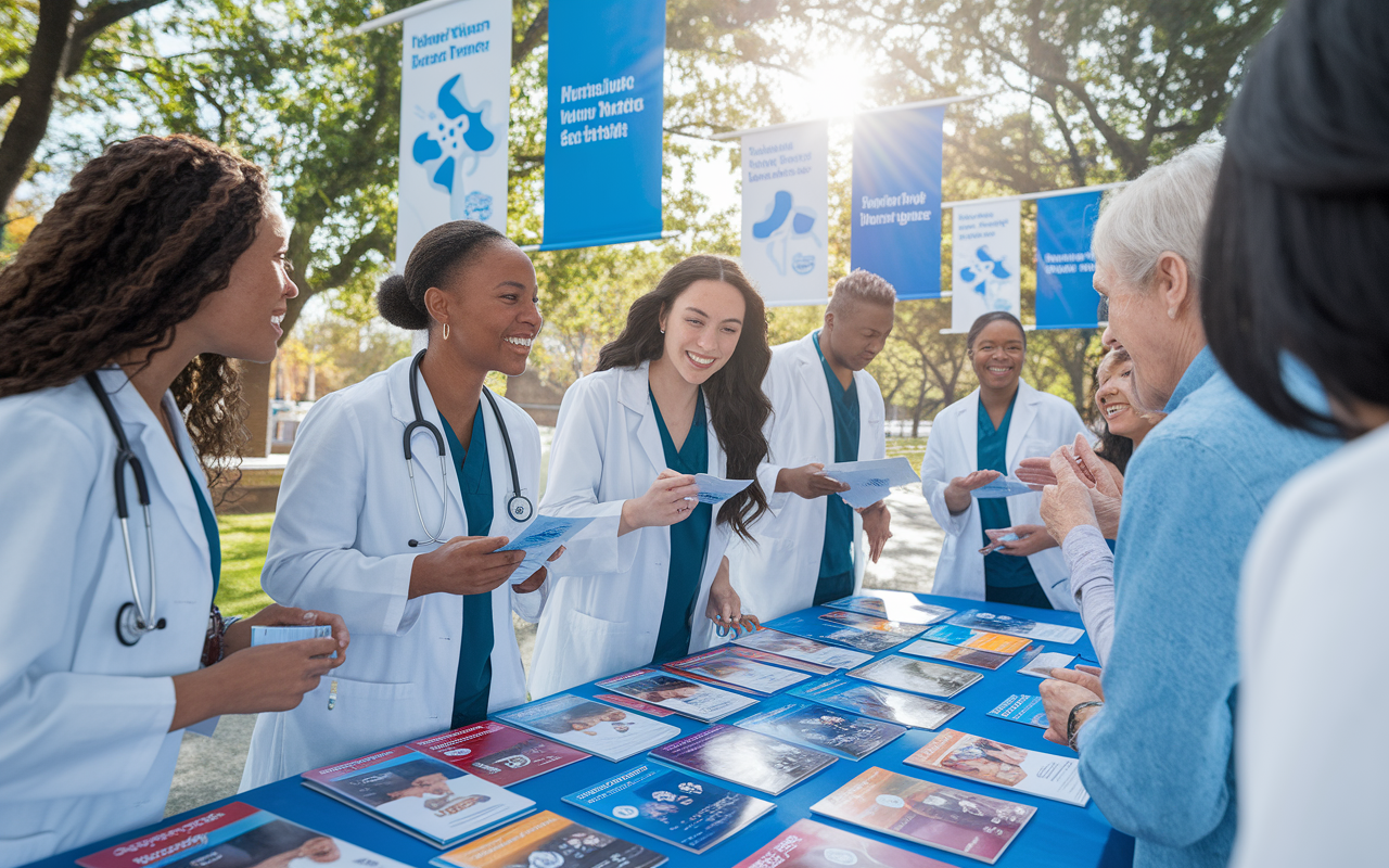 A vibrant scene of medical students engaging in a health fair, showcasing their community service efforts. A table filled with brochures and educational pamphlets on wellness is surrounded by enthusiastic students who are interacting with community members. Banners displaying health themes hang in the background under a sunny outdoor setting, capturing a sense of unity and commitment to patient education.