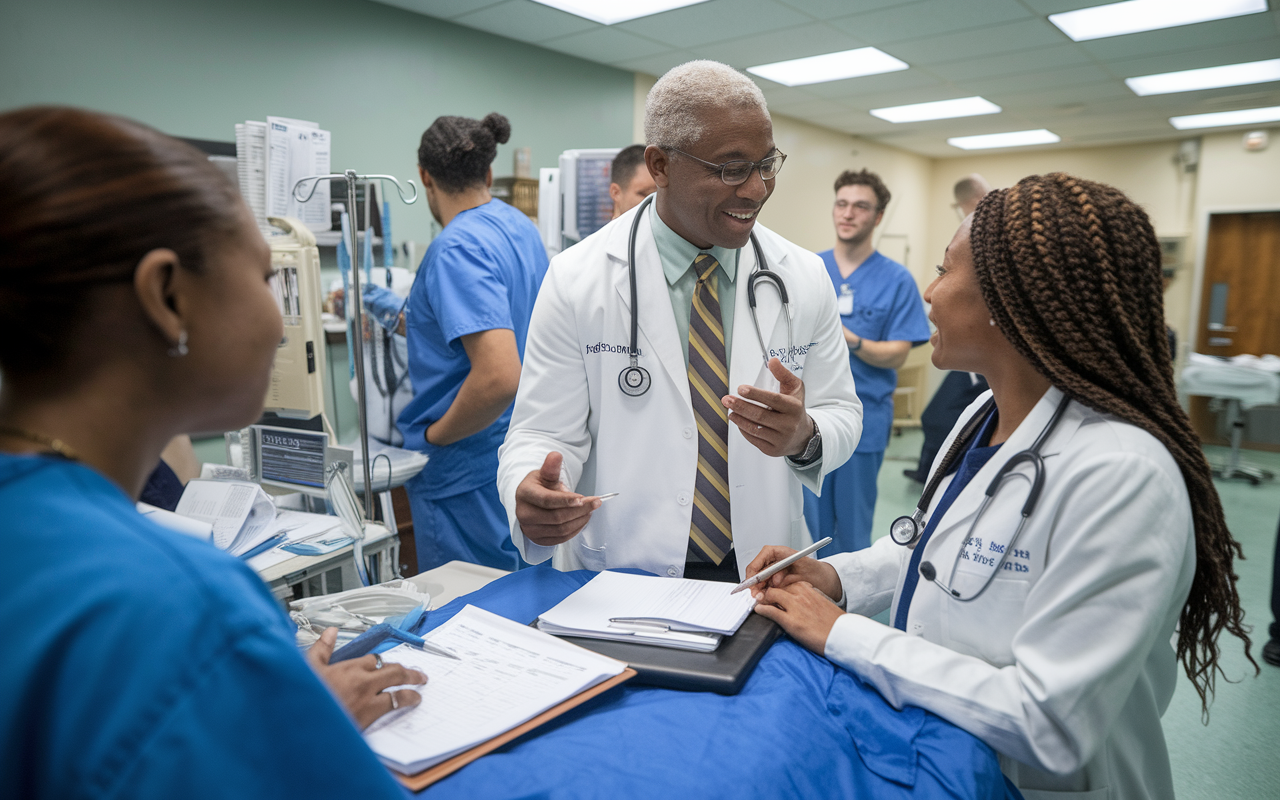 A medical student eagerly participating in a busy clinical rotation, interacting with a friendly attending physician. The patient care area is filled with medical equipment, charts, and a diverse team of healthcare professionals working collaboratively. The physician is explaining a procedure while the student takes notes, embodying a dynamic learning environment filled with engagement and real-world medical practice.