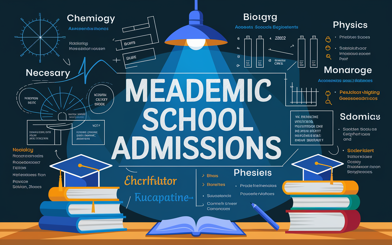 A visually engaging infographic on a chalkboard detailing academic requirements for medical school admissions. The chalkboard is filled with neatly written notes and diagrams about necessary courses such as biology, chemistry, and physics, accompanied by symbols of academic achievement like graduation caps and books. The light is bright, highlighting the focus on education.